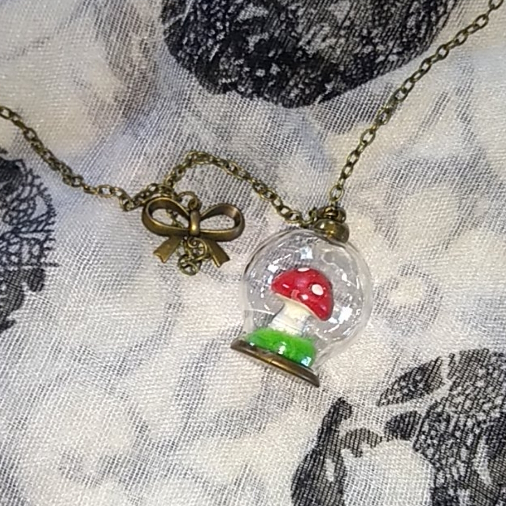 Toadstool globe ribbon charm pendant necklace 18"